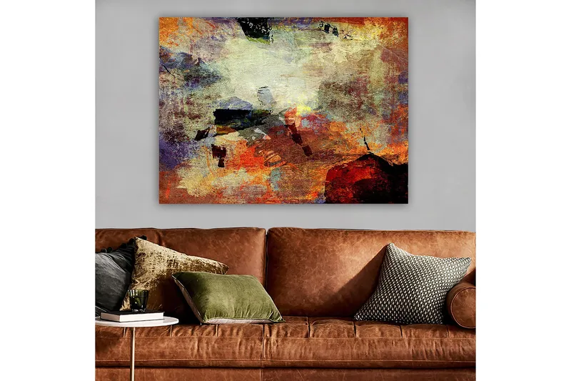 Canvastavla 70x100 cm - Abstrakt komposition med dynamiska färgfält som skapar en känsla av rörelse och djup - Röd / Orange / Grön - Inredning - Tavlor & konst - Canvastavlor