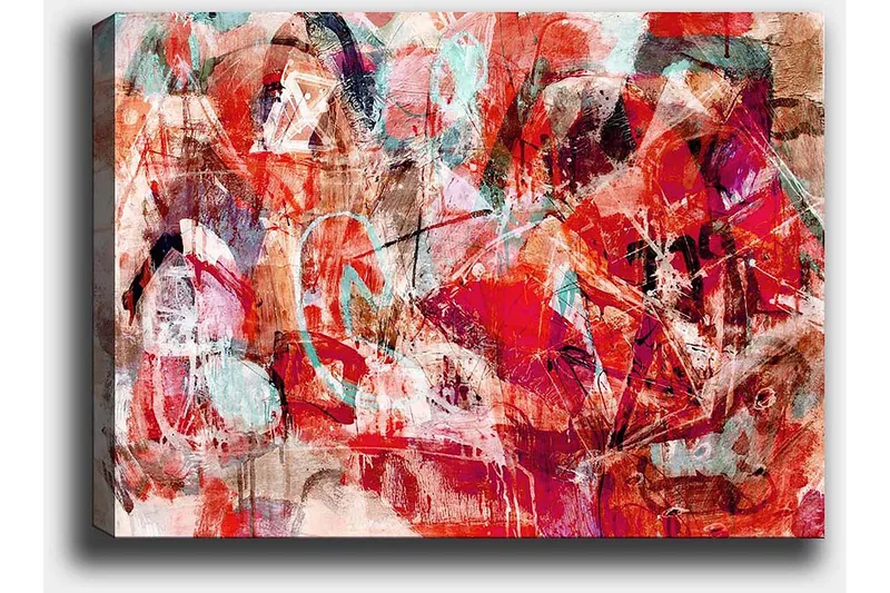 Canvastavla 70x100 cm - Abstrakt komposition med dynamiska former i starka färger - Röd / Turkos / Beige - Inredning - Tavlor & konst - Canvastavlor