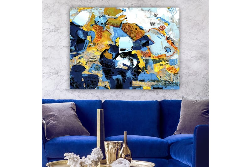 Canvastavla 70x100 cm - Abstrakt komposition med dynamiska former och färger som skapar en livlig känsla - Mörkblå / Ljusblå / Gul - Inredning - Tavlor & konst - Canvastavlor