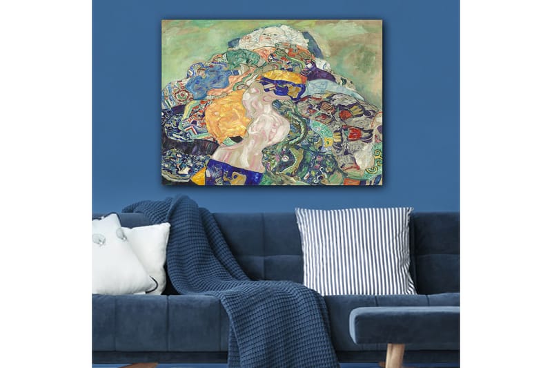 Canvastavla 70x100 cm - Abstrakt komposition med en liggande figur omgiven av färgglada mönster och former - Blå / Orange / Grön - Inredning - Tavlor & konst - Canvastavlor