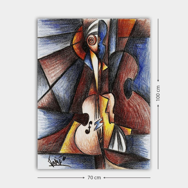 Canvastavla 70x100 cm - Abstrakt komposition med en musiker som spelar ett instrument - Mörkblå / Brun / Beige - Inredning - Tavlor & konst - Canvastavlor