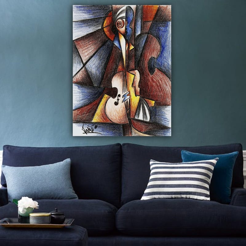 Canvastavla 70x100 cm - Abstrakt komposition med en musiker som spelar ett instrument - Mörkblå / Brun / Beige - Inredning - Tavlor & konst - Canvastavlor