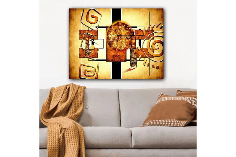 Canvastavla 70x100 cm - Abstrakt komposition med en stor sol och geometriska former - Guld / Brunt / Svart - Inredning - Tavlor & konst - Canvastavlor