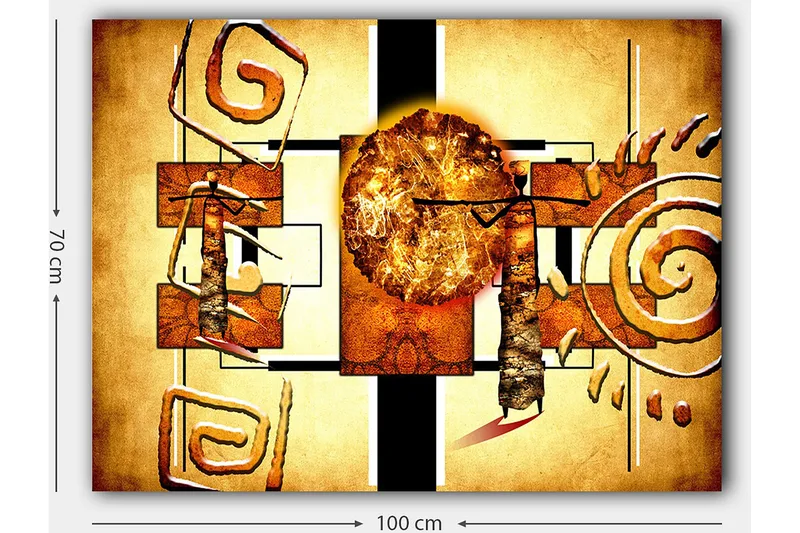 Canvastavla 70x100 cm - Abstrakt komposition med en stor sol och geometriska former - Guld / Brunt / Svart - Inredning - Tavlor & konst - Canvastavlor