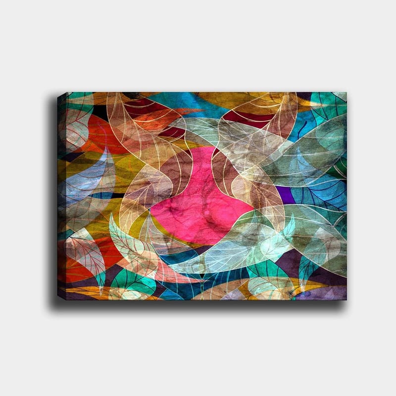 Canvastavla 70x100 cm - Abstrakt komposition med färgglada bladformer och en central rosa figur, Rosa / Turkos / Guldbrun