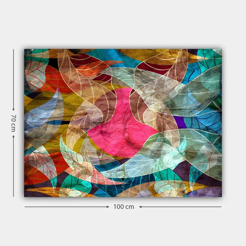 Canvastavla 70x100 cm - Abstrakt komposition med färgglada bladformer och en central rosa figur - Rosa / Turkos / Guldbrun - Inredning - Tavlor & konst - Canvastavlor