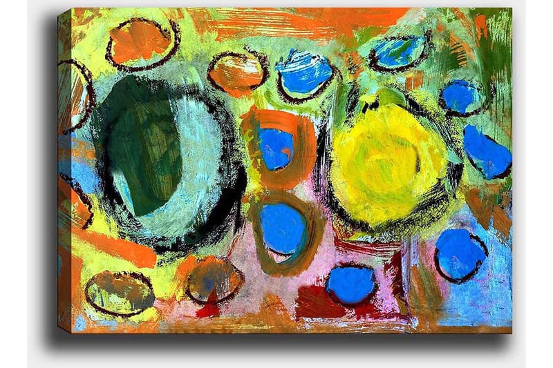 Canvastavla 70x100 cm - Abstrakt komposition med färgglada cirklar och former som skapar en livlig och dynamisk känsla - Grön / Gul / Blå - Inredning - Tavlor & konst - Canvastavlor