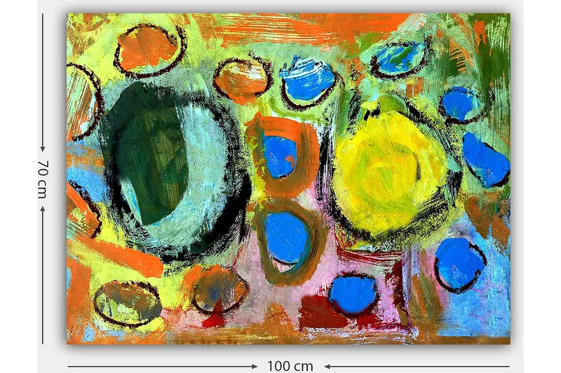Canvastavla 70x100 cm - Abstrakt komposition med färgglada cirklar och former som skapar en livlig och dynamisk känsla - Grön / Gul / Blå - Inredning - Tavlor & konst - Canvastavlor