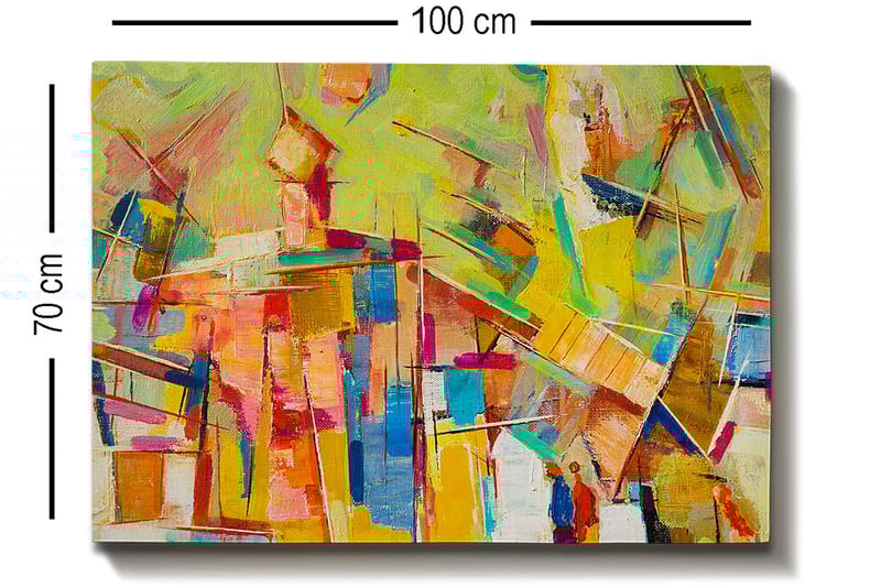 Canvastavla 70x100 cm - Abstrakt komposition med färgglada former och linjer som skapar en dynamisk känsla - Gul / Rosa / Blå - Inredning - Tavlor & konst - Canvastavlor