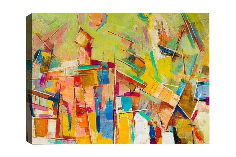 Canvastavla 70x100 cm - Abstrakt komposition med färgglada former och linjer som skapar en dynamisk känsla, Gul / Rosa / Blå
