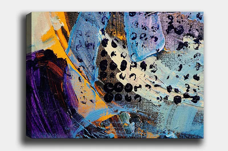 Canvastavla 70x100 cm - Abstrakt komposition med färgglada former och texturer - Blå / Svart / Orange - Inredning - Tavlor & konst - Canvastavlor