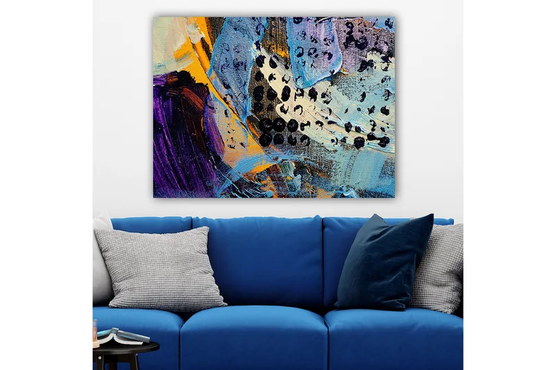 Canvastavla 70x100 cm - Abstrakt komposition med färgglada former och texturer - Blå / Svart / Orange - Inredning - Tavlor & konst - Canvastavlor