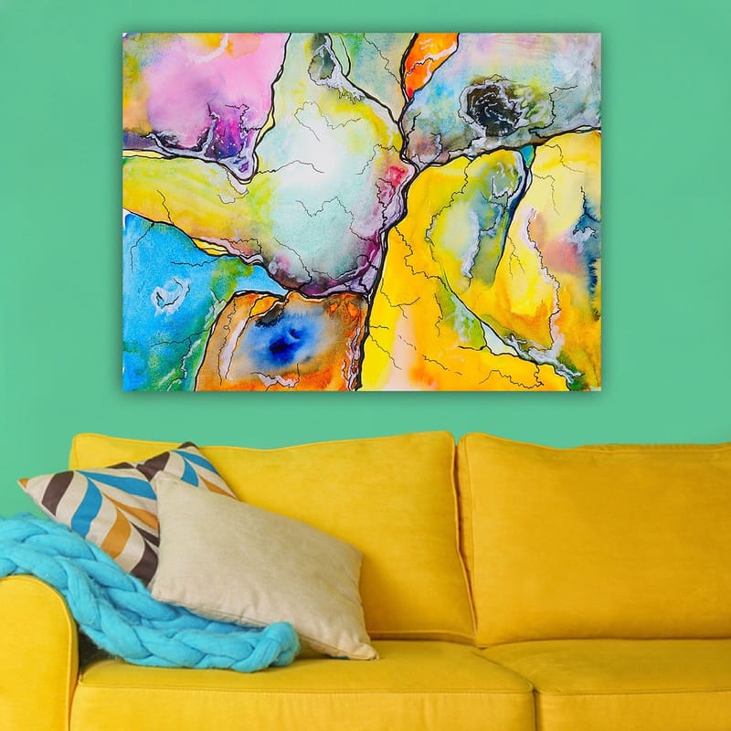 Canvastavla 70x100 cm - Abstrakt komposition med färgglada former som samverkar i harmoniska mönster - Gul / Blå / Rosa - Inredning - Tavlor & konst - Canvastavlor