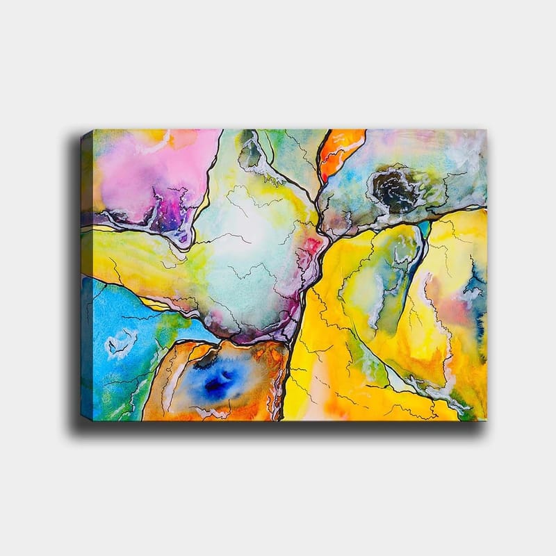 Canvastavla 70x100 cm - Abstrakt komposition med färgglada former som samverkar i harmoniska mönster, Gul / Blå / Rosa