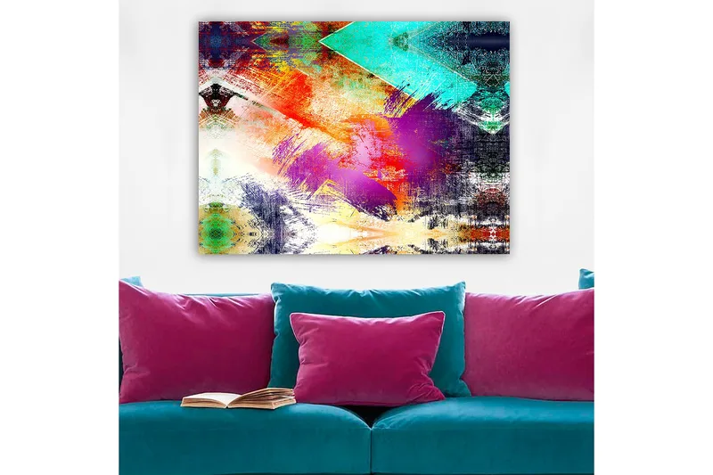 Canvastavla 70x100 cm - Abstrakt komposition med färgglada geometriska former och dynamiska penseldrag - Turkos / Lila / Röd - Inredning - Tavlor & konst - Canvastavlor