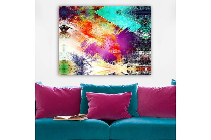 Canvastavla 70x100 cm - Abstrakt komposition med färgglada geometriska former och dynamiska penseldrag - Turkos / Lila / Röd - Inredning - Tavlor & konst - Canvastavlor