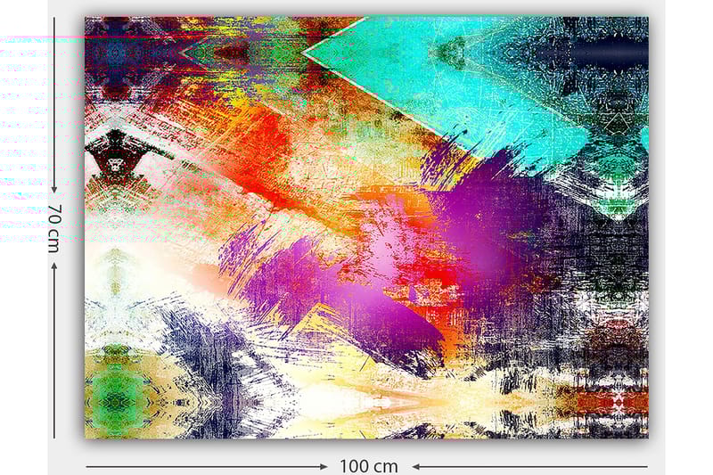 Canvastavla 70x100 cm - Abstrakt komposition med färgglada geometriska former och dynamiska penseldrag - Turkos / Lila / Röd - Inredning - Tavlor & konst - Canvastavlor