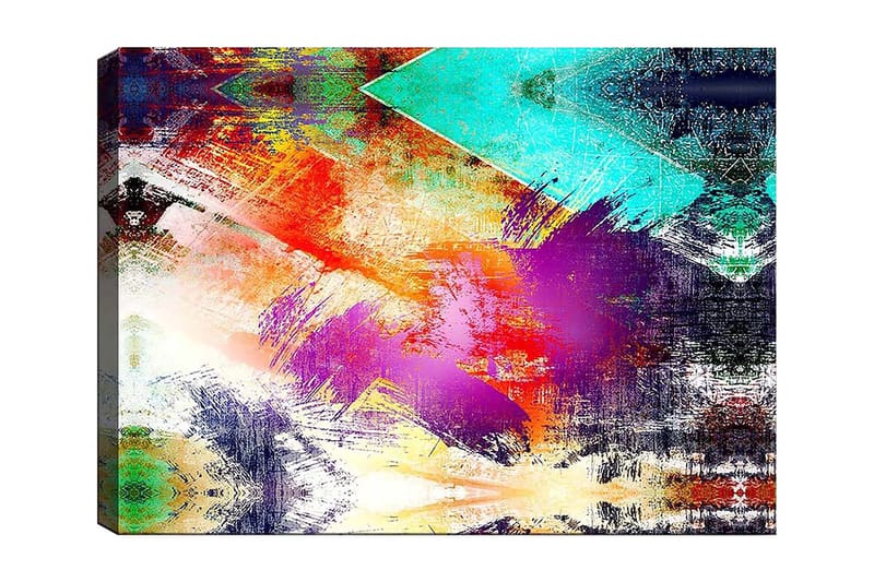 Canvastavla 70x100 cm - Abstrakt komposition med färgglada geometriska former och dynamiska penseldrag, Turkos / Lila / Röd