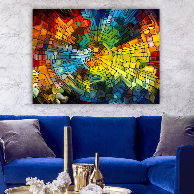 Canvastavla 70x100 cm - Abstrakt komposition med färgglada geometriska former som skapar en dynamisk rörelse - Gult / Blått / Rött - Inredning - Tavlor & konst - Canvastavlor