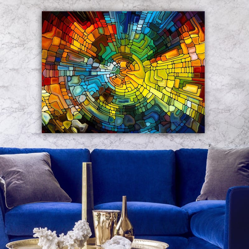 Canvastavla 70x100 cm - Abstrakt komposition med färgglada geometriska former som skapar en dynamisk rörelse - Gult / Blått / Rött - Inredning - Tavlor & konst - Canvastavlor