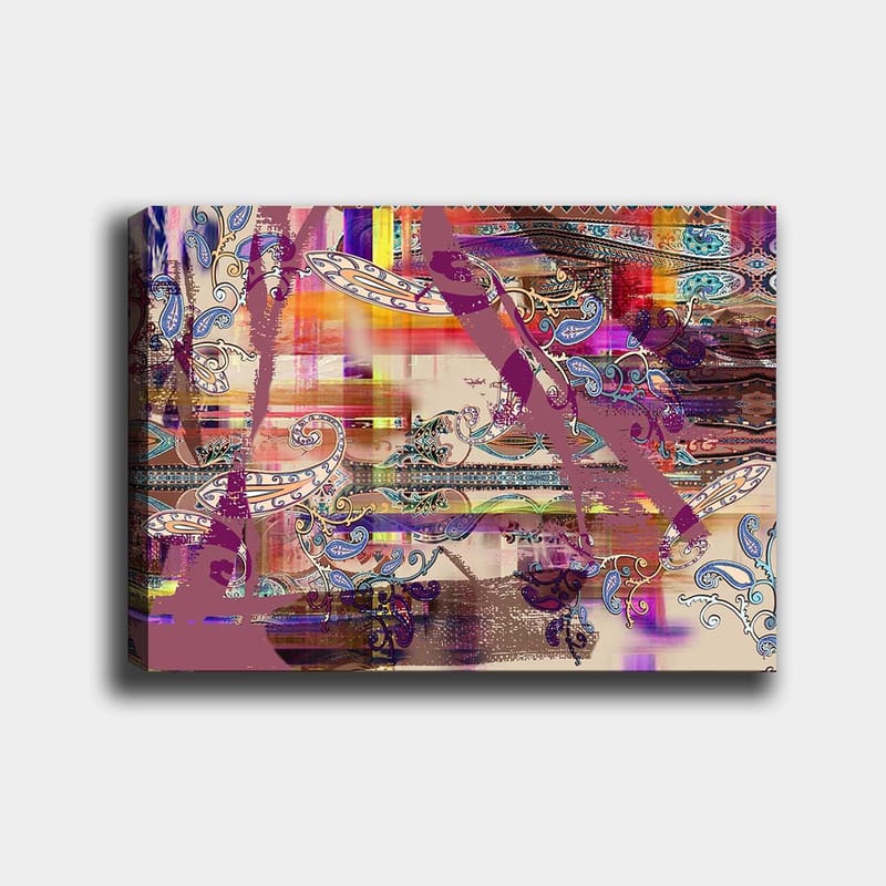 Canvastavla 70x100 cm - Abstrakt komposition med färgglada mönster och dekorativa inslag, Lila / Orange / Blå