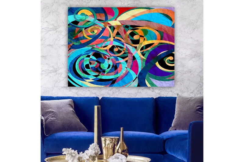 Canvastavla 70x100 cm - Abstrakt komposition med färgglada spiraler och kurvor som skapar en dynamisk rörelse, Turkos / Lila / Röd