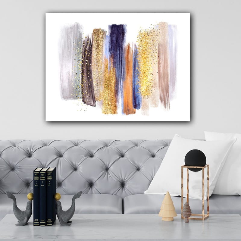 Canvastavla 70x100 cm - Abstrakt komposition med färgglada penseldrag i olika nyanser - Guld / Mörkblå / Grå - Inredning - Tavlor & konst - Canvastavlor