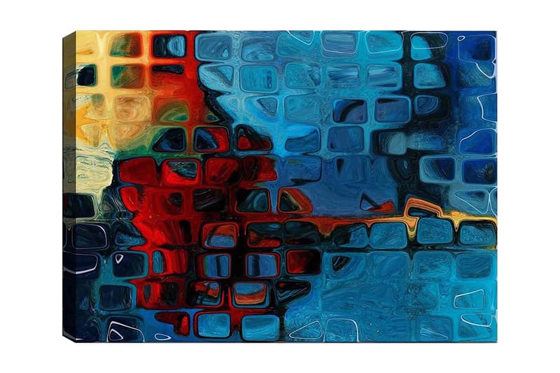 Canvastavla 70x100 cm - Abstrakt komposition med färgstarka rutor i blått och rött - Blå / Röd / Orange - Inredning - Tavlor & konst - Canvastavlor