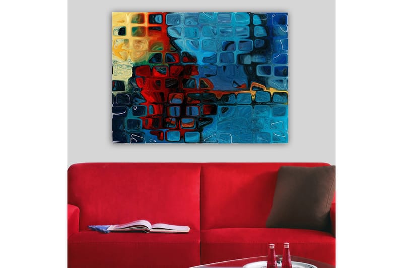 Canvastavla 70x100 cm - Abstrakt komposition med färgstarka rutor i blått och rött - Blå / Röd / Orange - Inredning - Tavlor & konst - Canvastavlor