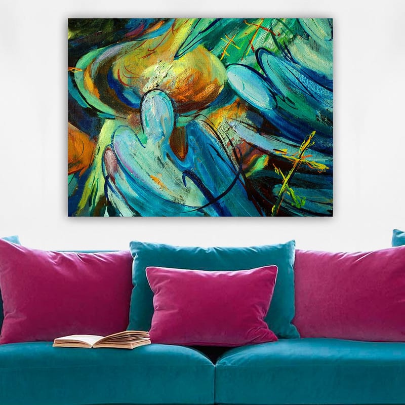 Canvastavla 70x100 cm - Abstrakt komposition med figurer som tycks interagera i en dynamisk rörelse - Blå / Grön / Orange - Inredning - Tavlor & konst - Canvastavlor