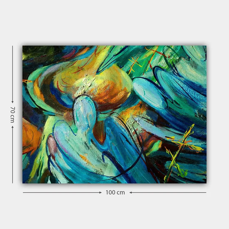 Canvastavla 70x100 cm - Abstrakt komposition med figurer som tycks interagera i en dynamisk rörelse - Blå / Grön / Orange - Inredning - Tavlor & konst - Canvastavlor