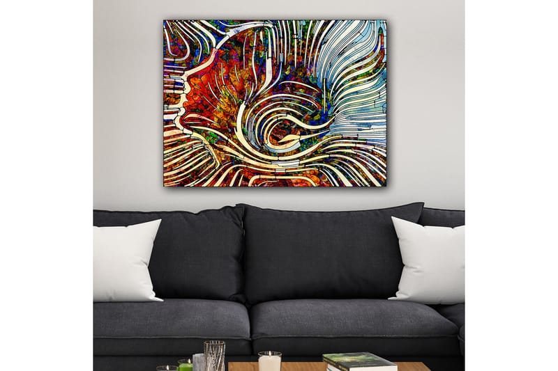 Canvastavla 70x100 cm - Abstrakt komposition med flödande linjer och färgade former som skapar en dynamisk känsla - Röd / Blå / Vit - Inredning - Tavlor & konst - Canvastavlor