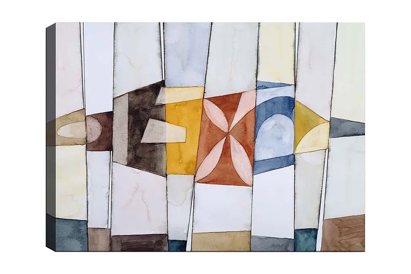 Canvastavla 70x100 cm - Abstrakt komposition med geometriska former i varma och kalla färger, Guld / Blå / Brun