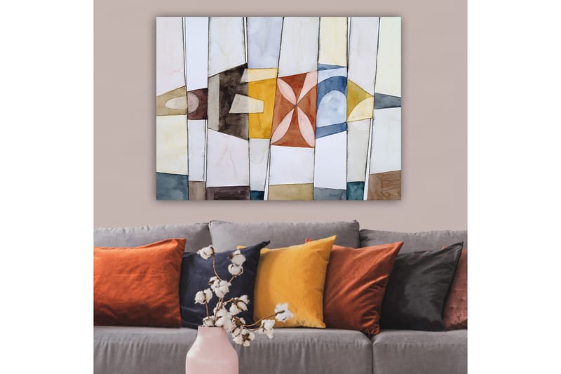 Canvastavla 70x100 cm - Abstrakt komposition med geometriska former i varma och kalla färger - Guld / Blå / Brun - Inredning - Tavlor & konst - Canvastavlor