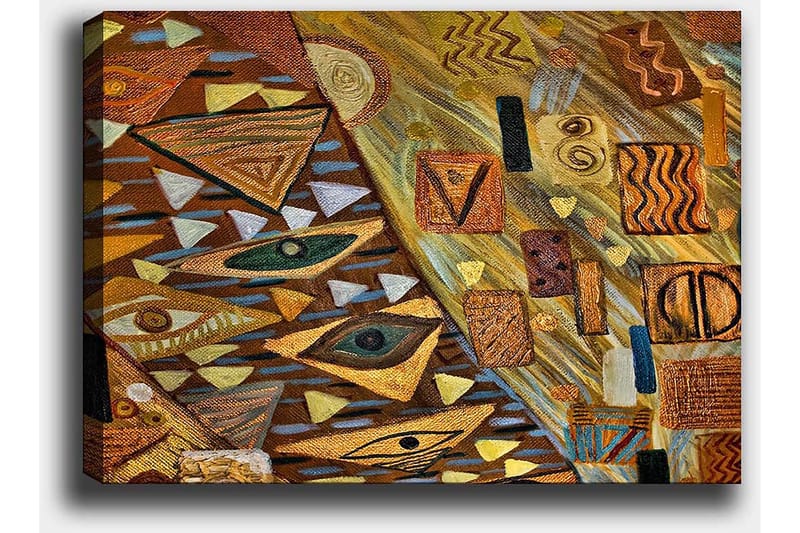 Canvastavla 70x100 cm - Abstrakt komposition med geometriska former och ögonmotiv i varma jordtoner - Guld / Brun / Beige - Inredning - Tavlor & konst - Canvastavlor