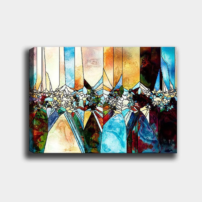 Canvastavla 70x100 cm - Abstrakt komposition med geometriska former och blommotiv i klara färger - Blå / Grön / Orange - Inredning - Tavlor & konst - Canvastavlor