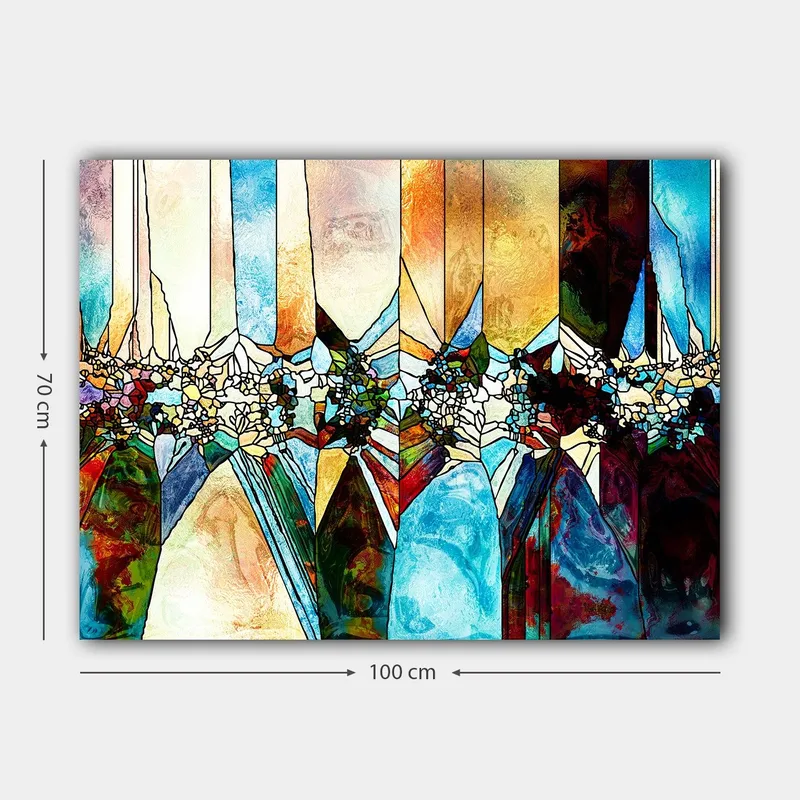 Canvastavla 70x100 cm - Abstrakt komposition med geometriska former och blommotiv i klara färger - Blå / Grön / Orange - Inredning - Tavlor & konst - Canvastavlor