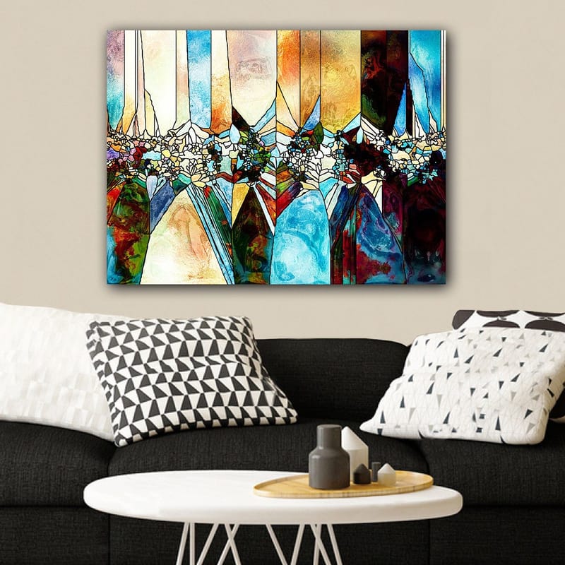 Canvastavla 70x100 cm - Abstrakt komposition med geometriska former och blommotiv i klara färger - Blå / Grön / Orange - Inredning - Tavlor & konst - Canvastavlor