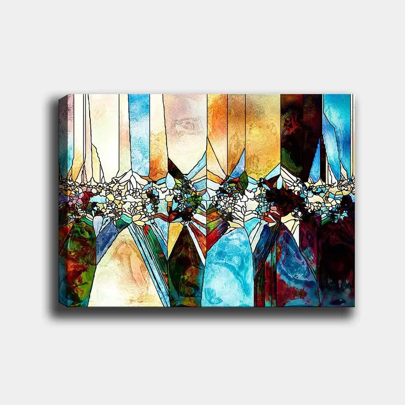 Canvastavla 70x100 cm - Abstrakt komposition med geometriska former och blommotiv i klara färger, Blå / Grön / Orange