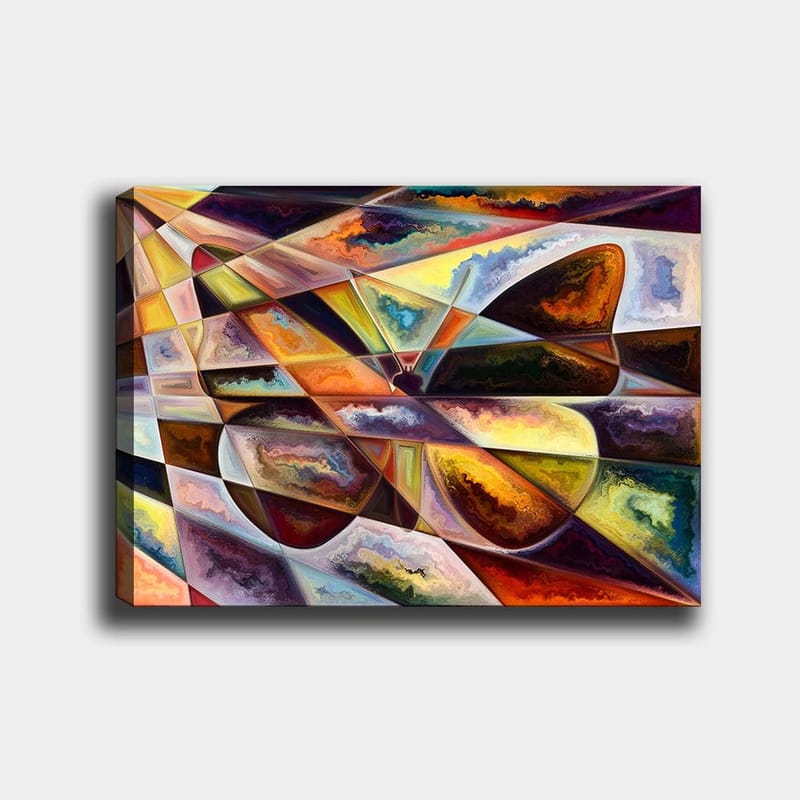 Canvastavla 70x100 cm - Abstrakt komposition med geometriska former och dynamiska färgövergångar - Guld / Mörkbrun / Orange - Inredning - Tavlor & konst - Canvastavlor