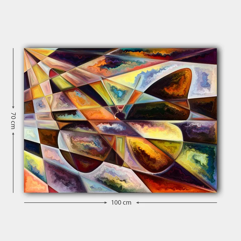 Canvastavla 70x100 cm - Abstrakt komposition med geometriska former och dynamiska färgövergångar - Guld / Mörkbrun / Orange - Inredning - Tavlor & konst - Canvastavlor