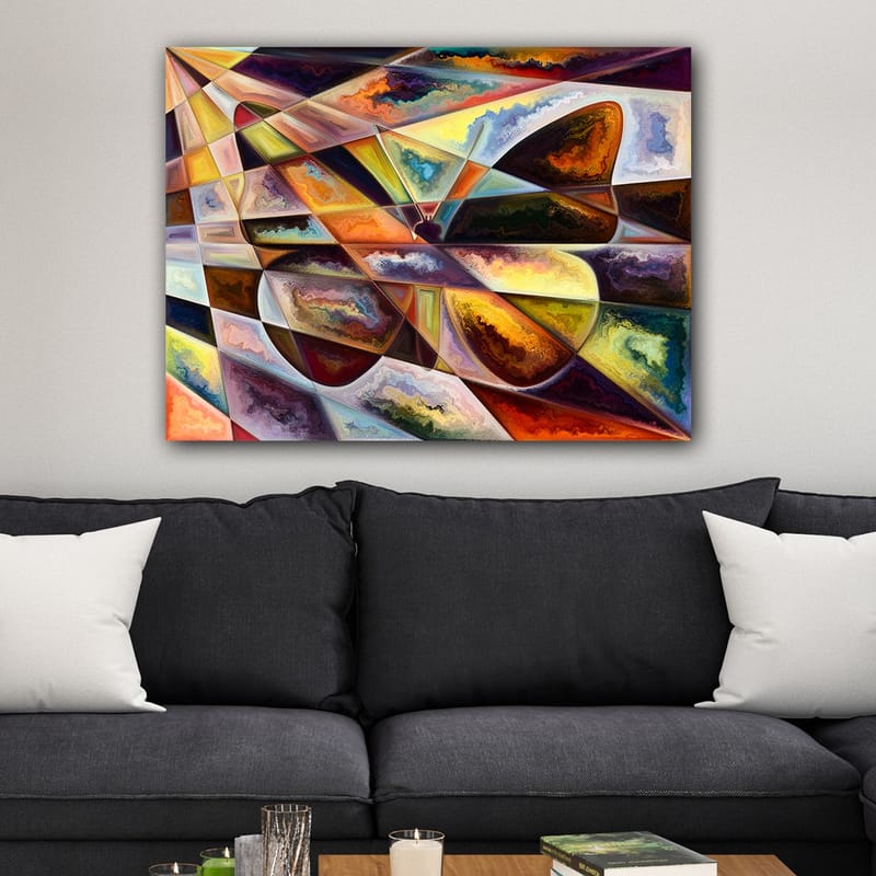 Canvastavla 70x100 cm - Abstrakt komposition med geometriska former och dynamiska färgövergångar - Guld / Mörkbrun / Orange - Inredning - Tavlor & konst - Canvastavlor