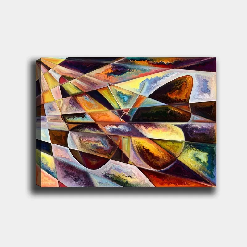 Canvastavla 70x100 cm - Abstrakt komposition med geometriska former och dynamiska färgövergångar, Guld / Mörkbrun / Orange