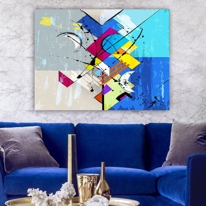 Canvastavla 70x100 cm - Abstrakt komposition med geometriska former och dynamiska linjer - Blå / Rosa / Gul - Inredning - Tavlor & konst - Canvastavlor