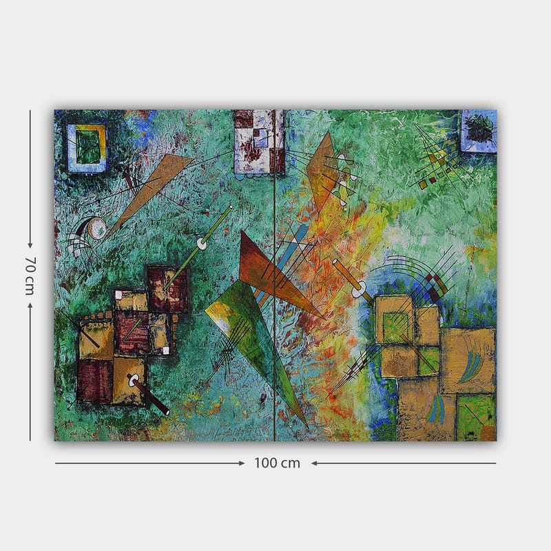 Canvastavla 70x100 cm - Abstrakt komposition med geometriska former och dynamiska linjer i en färgglad harmoni - Grön / Orange / Brun - Inredning - Tavlor & konst - Canvastavlor