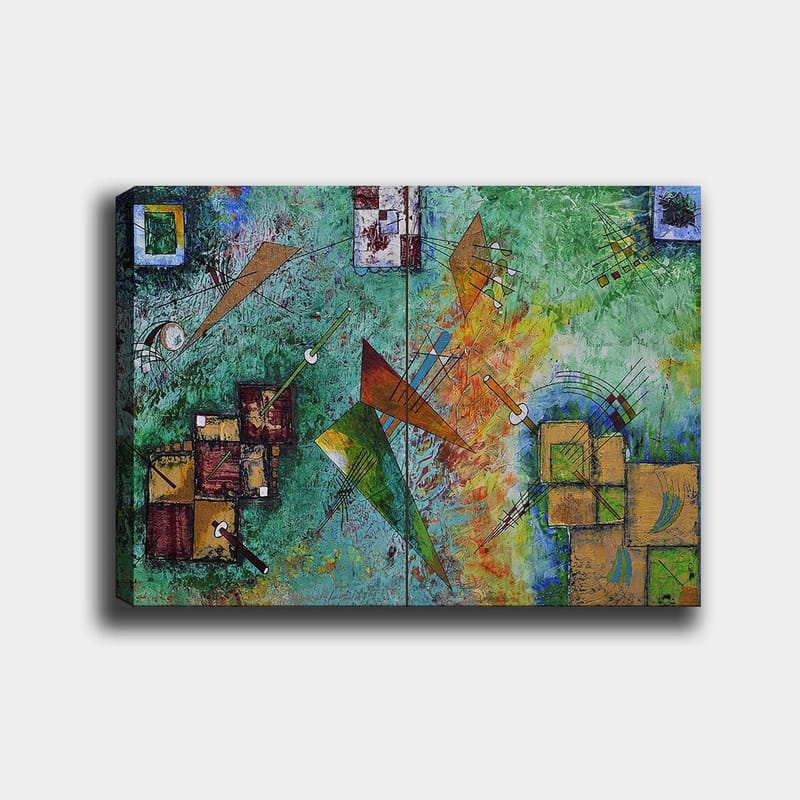 Canvastavla 70x100 cm - Abstrakt komposition med geometriska former och dynamiska linjer i en färgglad harmoni - Grön / Orange / Brun - Inredning - Tavlor & konst - Canvastavlor