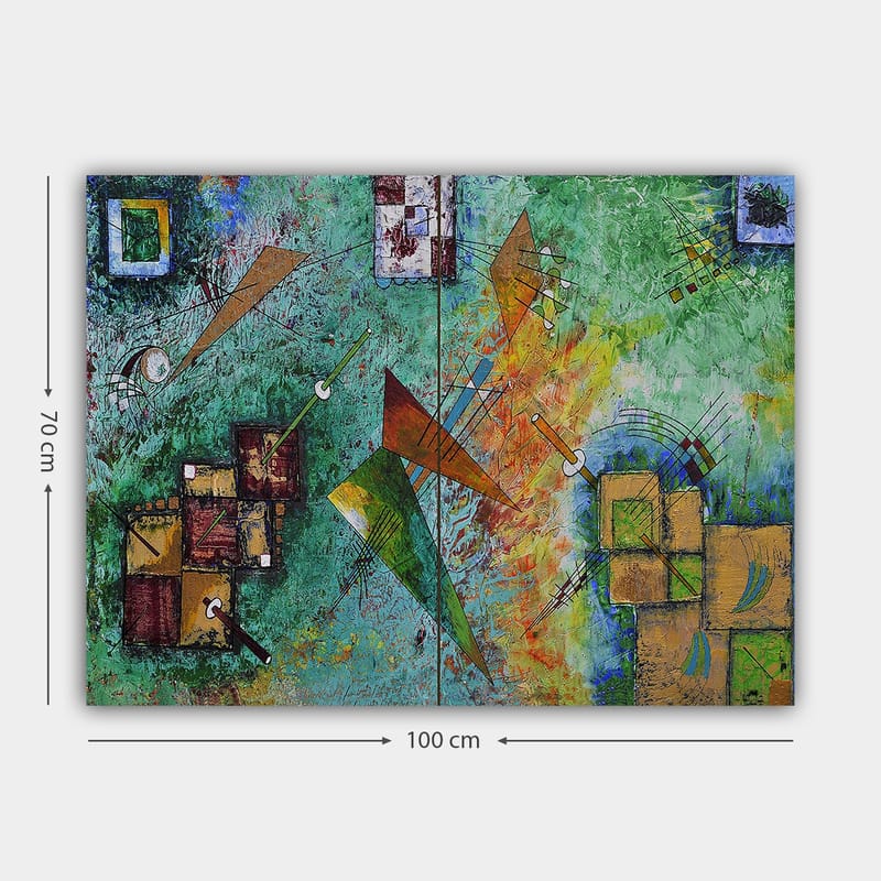 Canvastavla 70x100 cm - Abstrakt komposition med geometriska former och dynamiska linjer i en färgglad harmoni - Grön / Orange / Brun - Inredning - Tavlor & konst - Canvastavlor