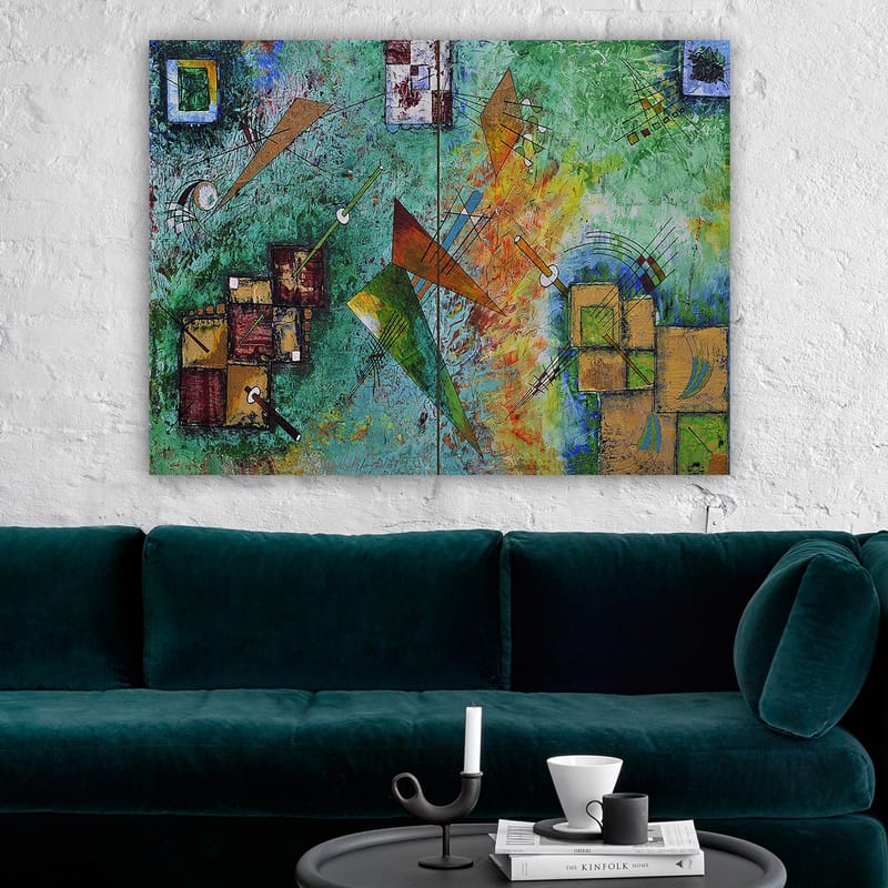Canvastavla 70x100 cm - Abstrakt komposition med geometriska former och dynamiska linjer i en färgglad harmoni - Grön / Orange / Brun - Inredning - Tavlor & konst - Canvastavlor