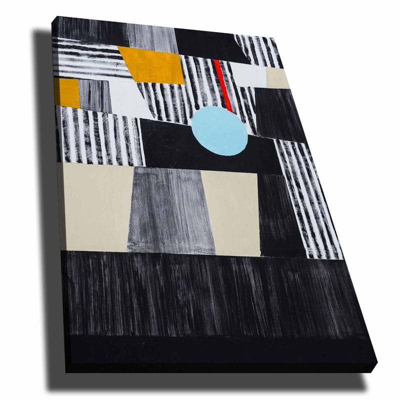 Canvastavla 70x100 cm - Abstrakt komposition med geometriska former och en central cirkel, Svart / Ljusblå / Guld