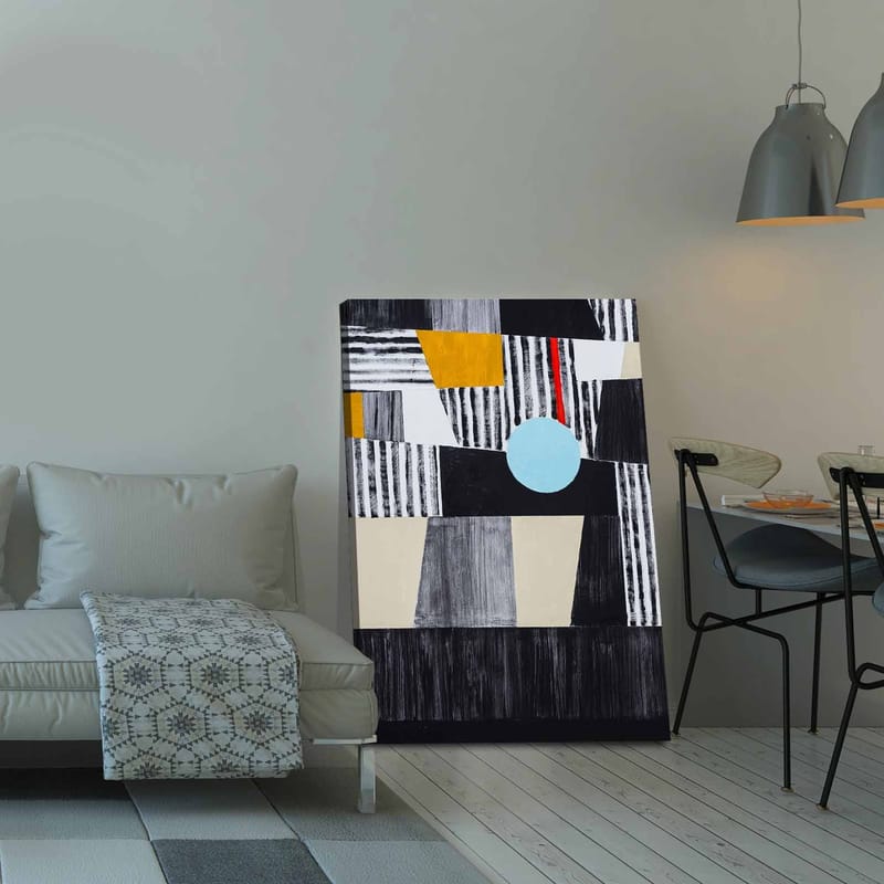 Canvastavla 70x100 cm - Abstrakt komposition med geometriska former och en central cirkel - Svart / Ljusblå / Guld - Inredning - Tavlor & konst - Canvastavlor
